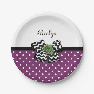 Cute Purple Dots Green Rose Chevron Bow With Name Paper Plate