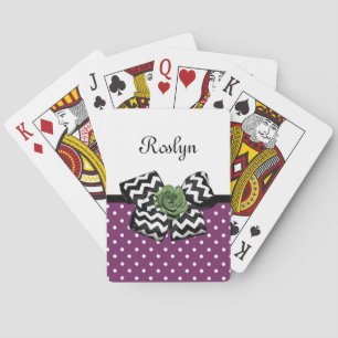 Cute Purple Dots Green Rose Chevron Bow With Name Playing Cards