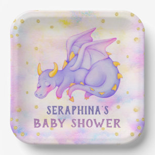 Cute Purple Dragon Girls Baby Shower Paper Plate