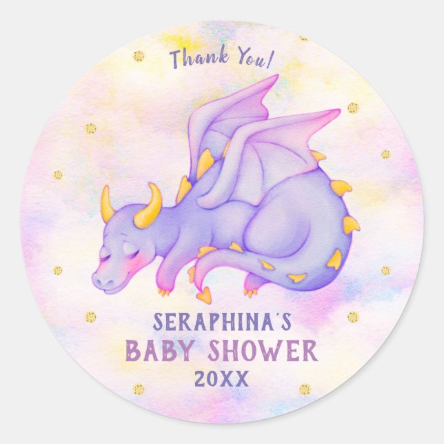 Cute Purple Dragon Girls Baby Shower Sticker (Front)