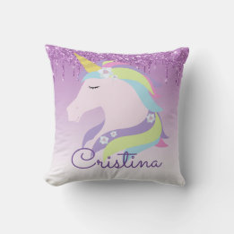 Cute Purple Dripping Glitter Magical Unicorn Throw Cushion