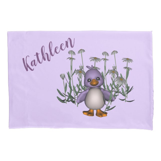 Cute Purple Duck Daisy Flowers Personalised Pillowcase (Front)