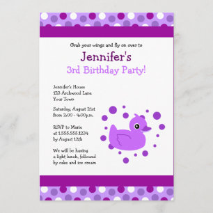 Cute Purple Ducky with Polka Dots Birthday Invite