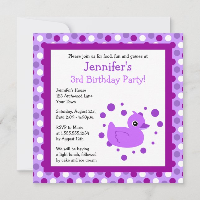 Cute Purple Ducky with Polka Dots Birthday Invite (Front)