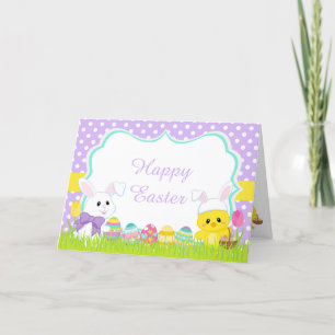 Cute Purple Easter Bunny and Chick Easter Egg Hunt Holiday Card