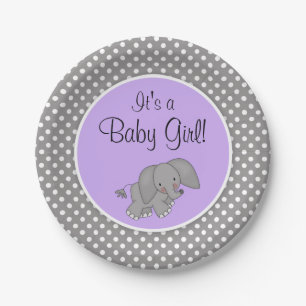 Cute Purple Elephant Girl Baby Shower Paper Plate