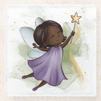 Cute Purple Fairy Holding Star Wand Glass Coaster