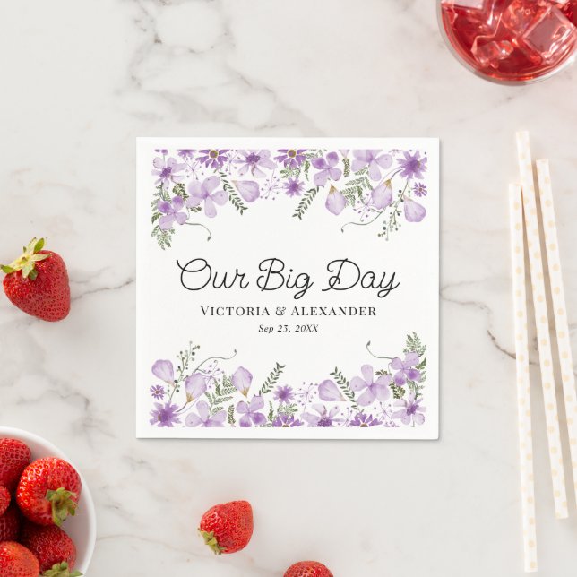 Cute Purple Floral Custom Message Wedding  Napkin (Insitu)