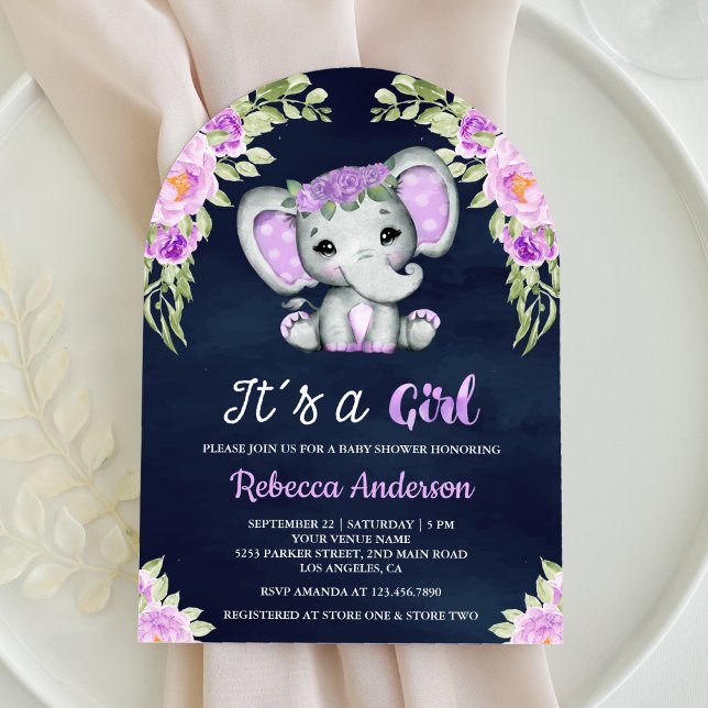 Cute Purple Floral Elephant Arch Navy Baby Shower Invitation (Creator Uploaded)