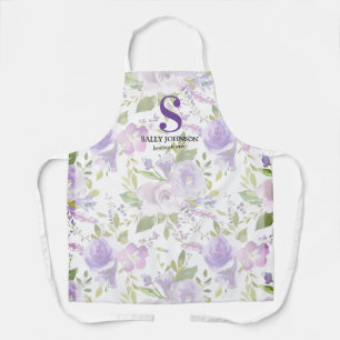 Cute Purple Floral Initial Name Apron