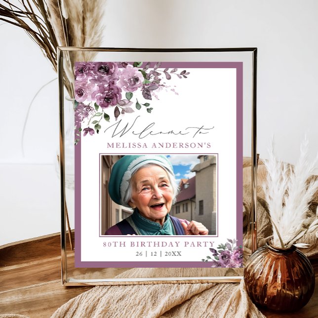 Cute Purple Floral Photo Any Age Birthday Welcome Poster (Creator Uploaded)