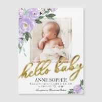 Cute Purple Floral Photo Birth Announcement Cards