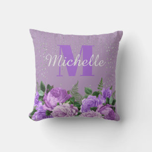 Cute Purple Floral Silver Glitter Monogram   Cushion