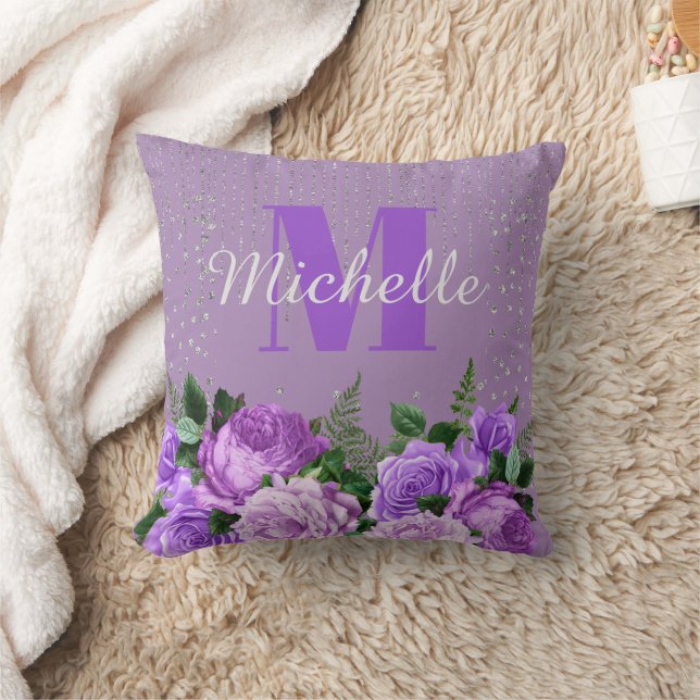 Cute Purple Floral Silver Glitter Monogram  Cushion (Blanket)