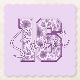 Cute Purple Floral Sweet 16 Birthday Party Paper Coaster
