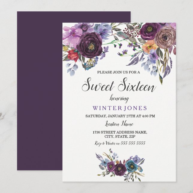 Cute Purple Floral Winter Sweet Sixteen Invite (Front/Back)