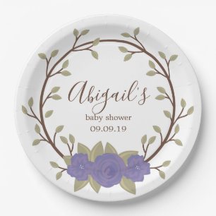 Cute Purple Floral Wreath Baby Shower Paper Plate