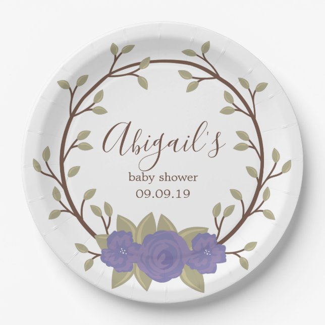 Cute Purple Floral Wreath Baby Shower Paper Plate (Front)