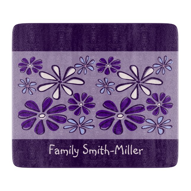 Cute Purple Flower Doodle Family Name Cutting Board (Front)
