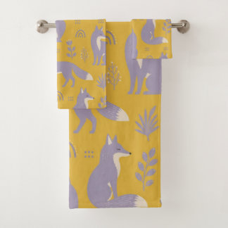 Cute Purple Fox and Botanical Pattern Summer Bath Towel Set