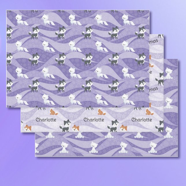Cute Purple Fox Bear Add Name Christmas Kuwaii Wrapping Paper Sheet (Creator Uploaded)