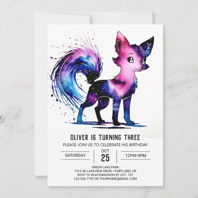 Cute Purple Fox Digital Boy Birthday Invitation (Front)