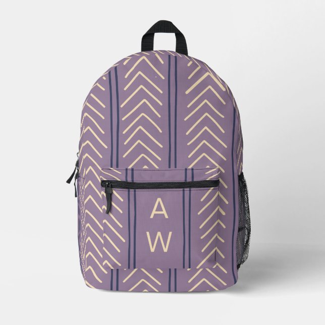Cute Purple Geometric Arrows Monogram Initials Printed Backpack (Front)