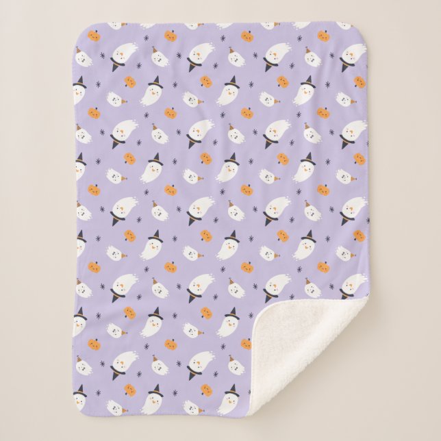 Cute Purple Ghost and Pumpkin Sherpa Blanket (Front)