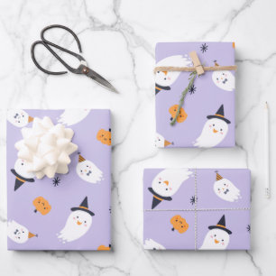 Cute Purple Ghost and Pumpkin Wrapping Paper Sheet