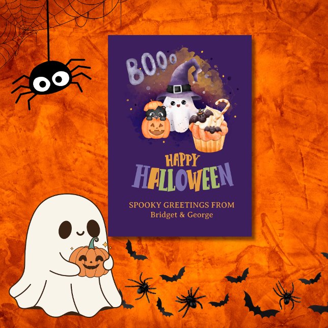 Cute purple Ghost & Pumpkin Halloween greeting  Holiday Card (Creator Uploaded)