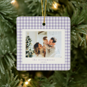 Cute Purple Gingham Plaid Custom Photo Christmas Ceramic Ornament