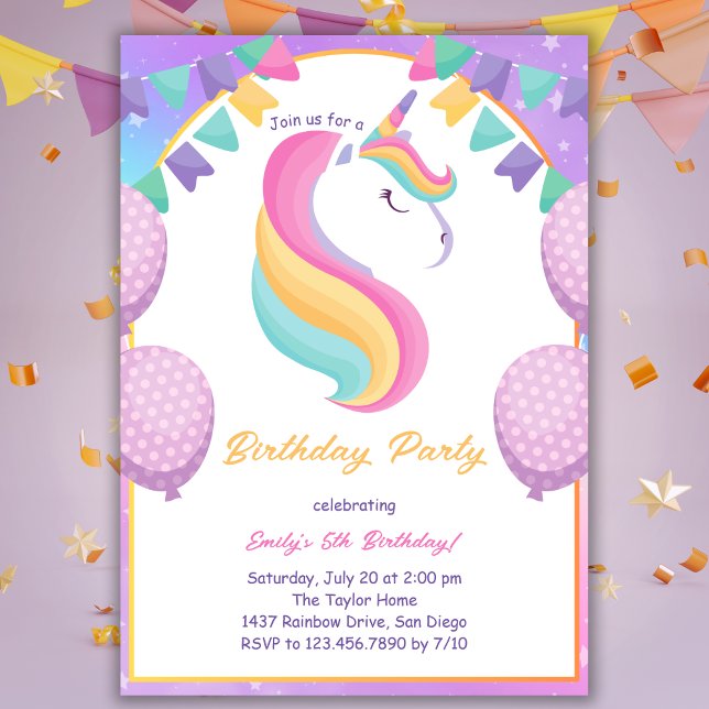 Cute Purple Girls Unicorn Birthday Party Invitation (Creator Uploaded)