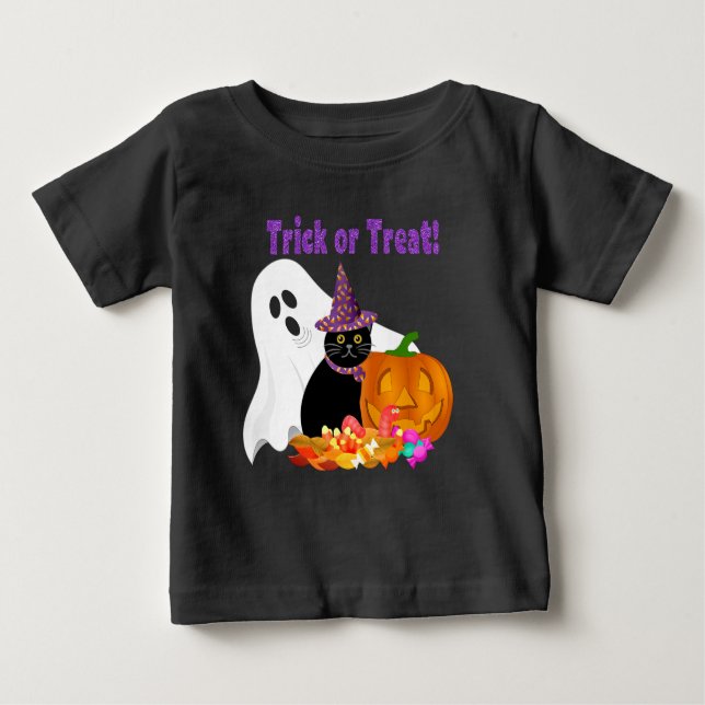 Cute Purple Glitter Trick or Treat Halloween Baby T-Shirt (Front)