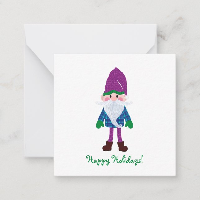 Cute Purple Gnome Happy Holidays Mini Christmas Card (Front)