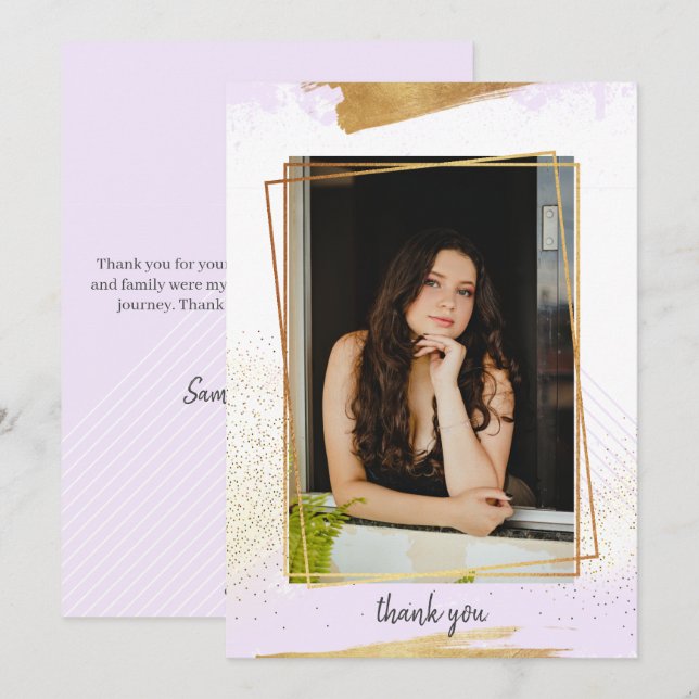 Cute Purple & Gold Framed Graduation Thank You Invitation (Front/Back)