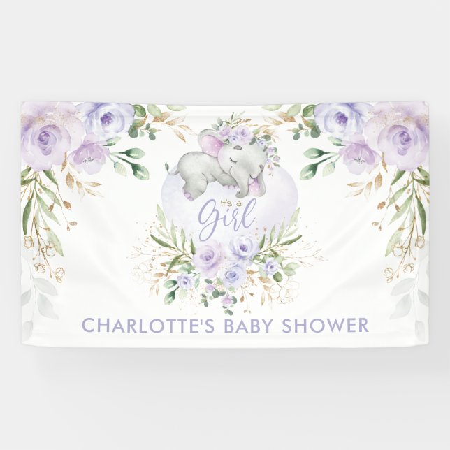 Cute Purple Gold Lilac Floral Elephant Baby Shower Banner (Horizontal)