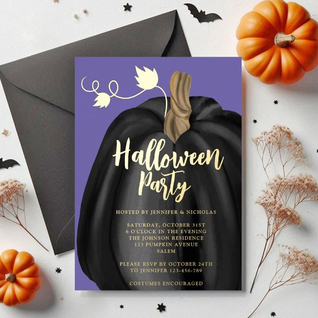 Cute Purple Gold Pumpkin Halloween Party Foil (Cute Purple Gold Pumpkin Halloween Party Foil Invitation)