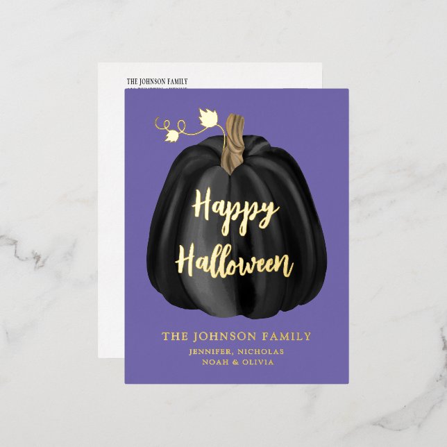 Cute Purple Gold Pumpkin Happy Halloween Foil  Foil Holiday Postcard (Front/Back)