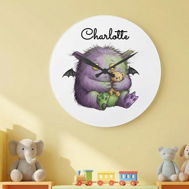 Cute Purple Green Fluffy Monster Buddy Large Clock (Creator Uploaded)