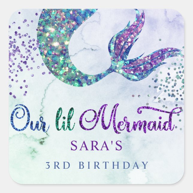 Cute Purple Green Modern Glitter Mermaid Birthday Square Sticker (Front)