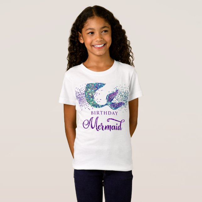 Cute Purple Green Modern Glitter Mermaid Birthday T-Shirt (Front Full)