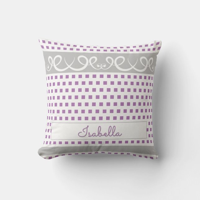 Cute Purple & Grey Polka Dots & Swirls Girly Name Cushion (Front)