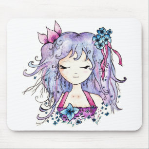 Cute purple hair flower manga girl mouse pad