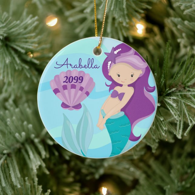 Cute Purple Hair Mermaid Girls Christmas Ceramic Tree Decoration (Tree)