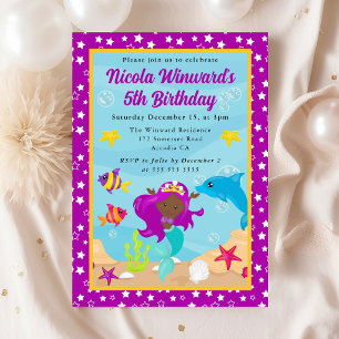 Cute Purple Haired Mermaid Kids Birthday Invitation