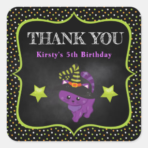 Cute Purple Halloween Cat & Polka Dots Birthday Square Sticker