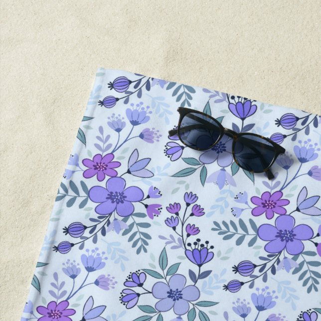 Cute Purple Hand Drawn Florals Beach Towel (In Situ)