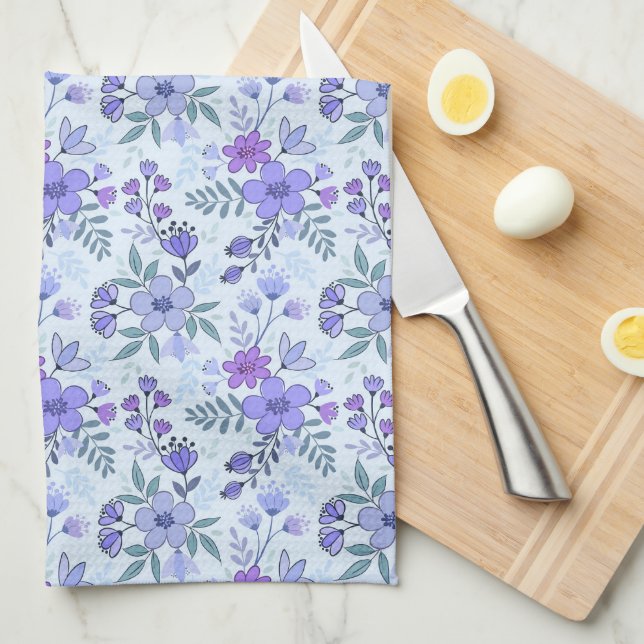 Cute Purple Hand Drawn Florals Kitchen Towel (Quarter Fold)