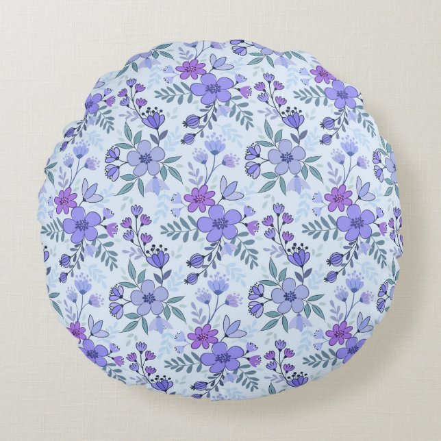 Cute Purple Hand Drawn Florals Round Pillow (Front)