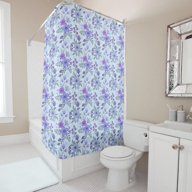 Cute Purple Hand Drawn Florals Shower Curtain (In Situ)